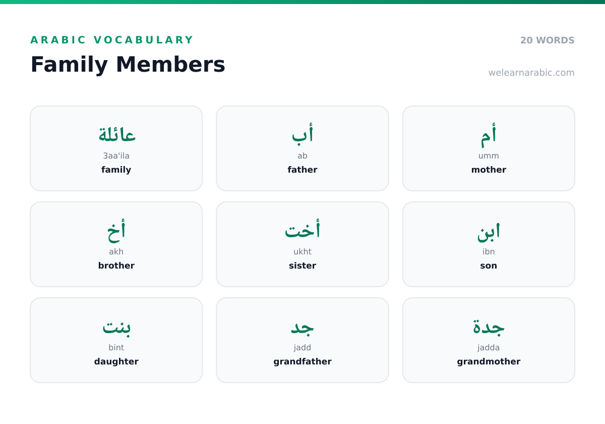 Word wall of Arabic family words, including أم (mother), أب (father), جد (grandfather), and جدة (grandmother).