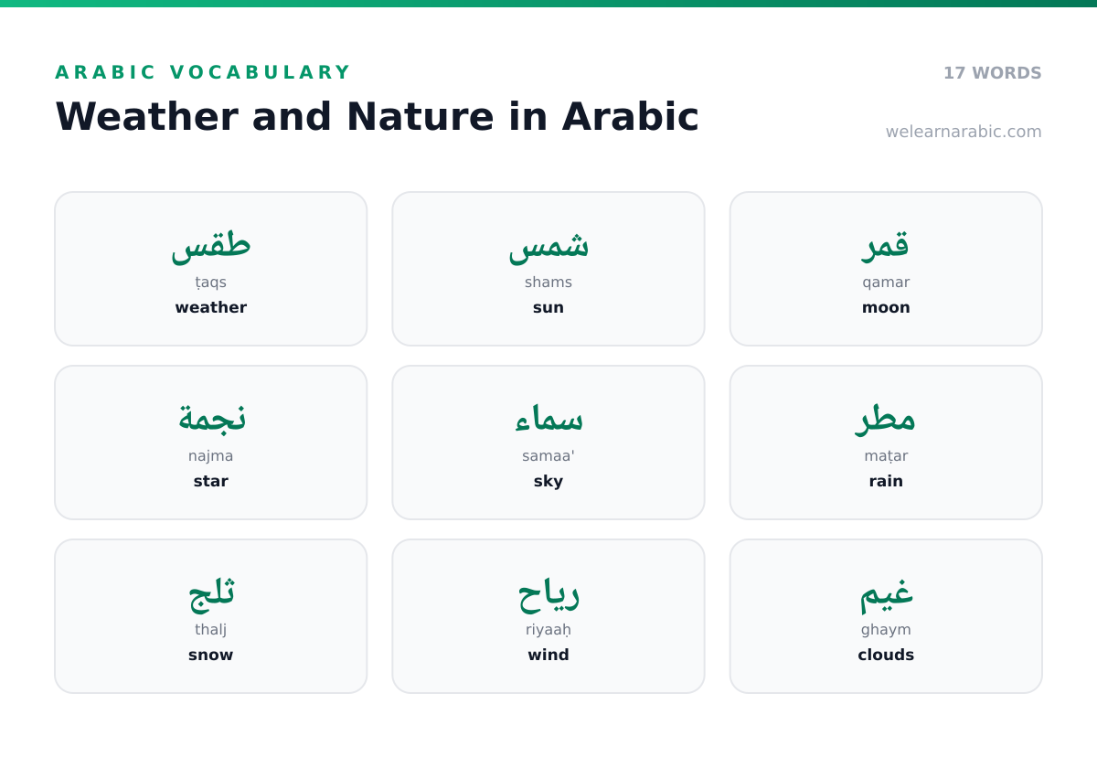 Word wall of Arabic weather words, including شمس (sun), مطر (rain), ثلج (snow), and صيف (summer).